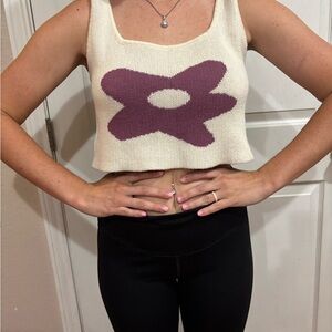 Le Lis Cream Knit Crop Tank Top with Purple  Flower 100% Cotton Ribbed